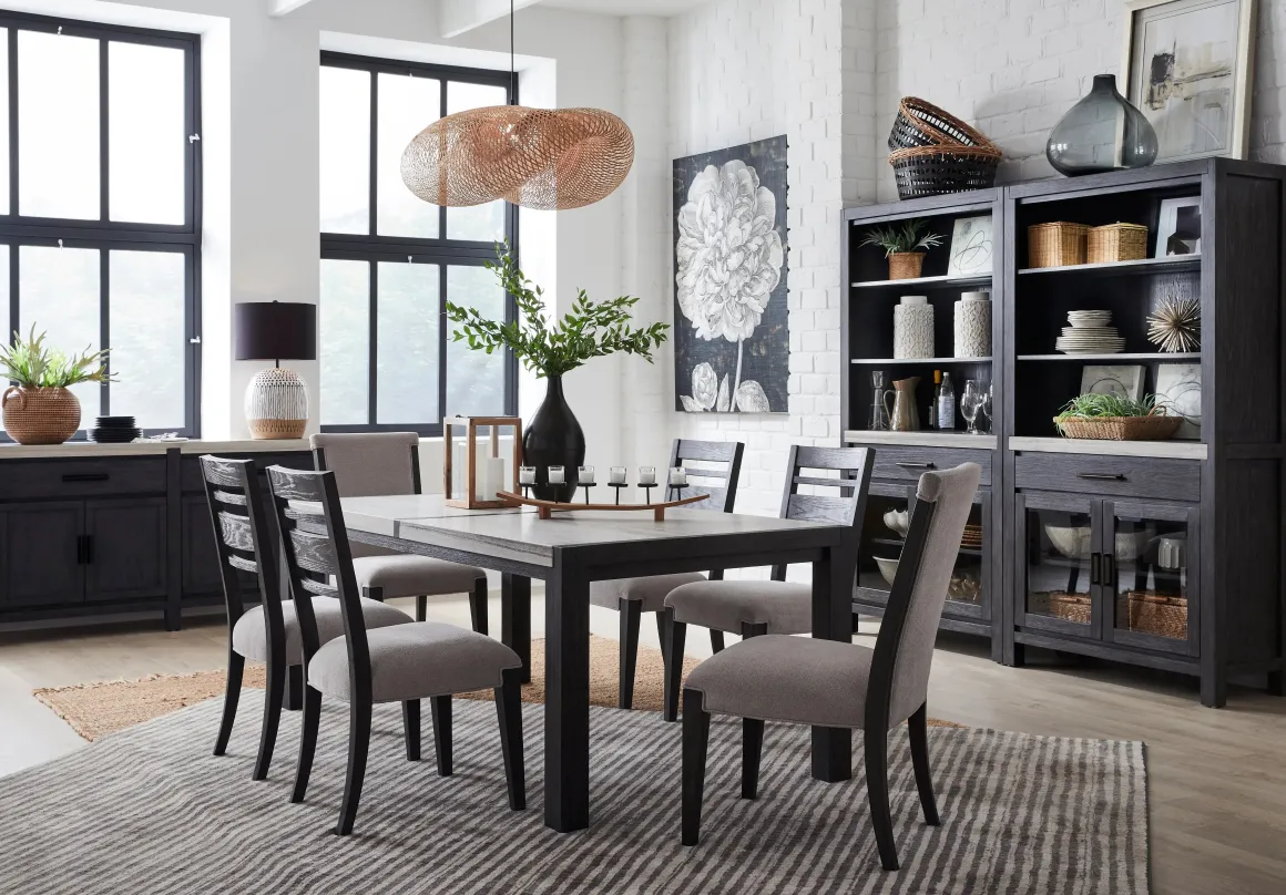 Aspen Valley Stone Top Dining Table, 4 Chairs & 2 Upholstered Chairs In Ravenwood Black