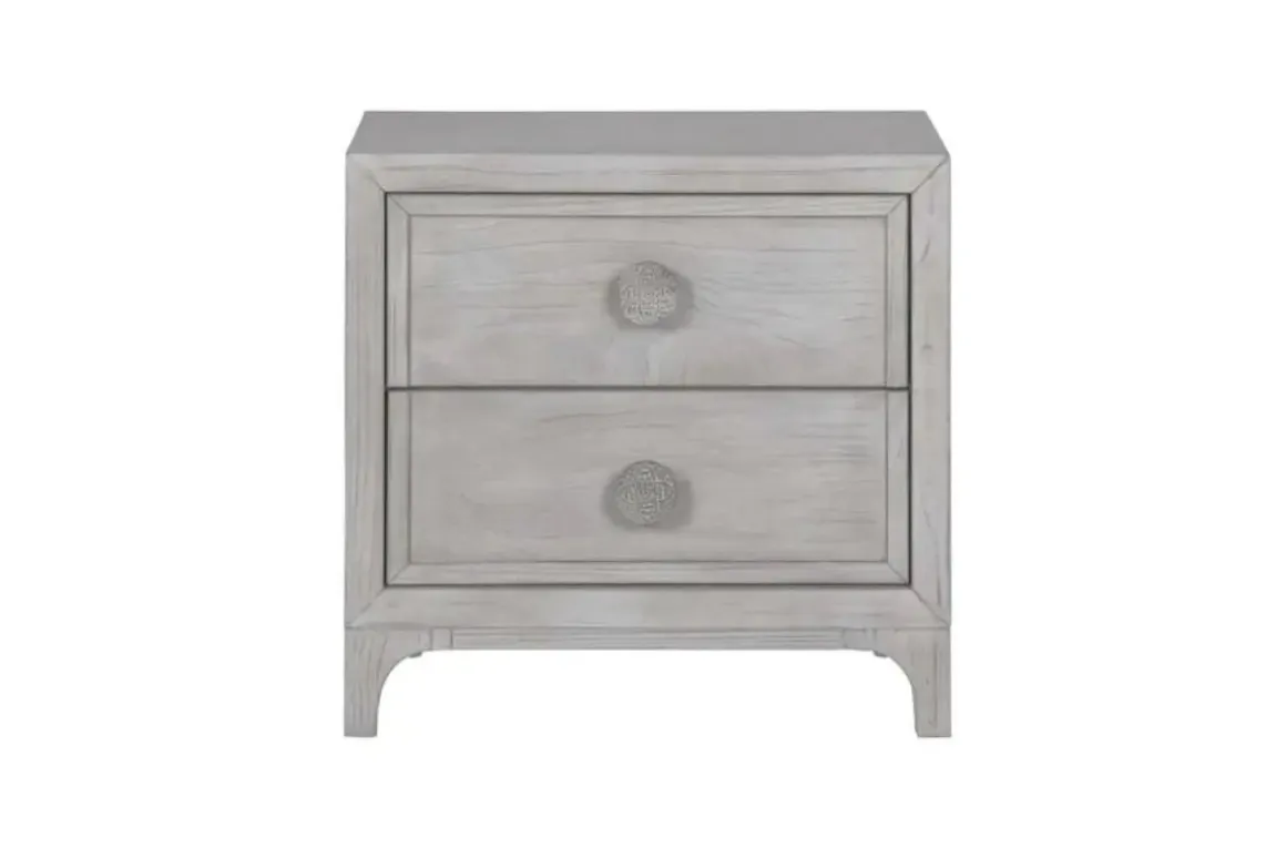 Boho Chic Platform Bed, Dresser, Mirror & Nightstand In Washed White, Full