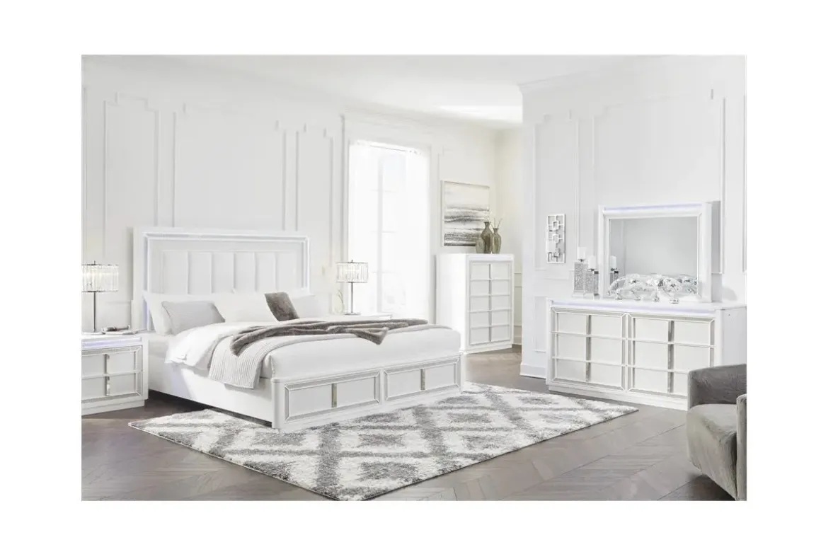 Chalanna Storage Bed, Dresser, Mirror & Nightstand In White, Queen