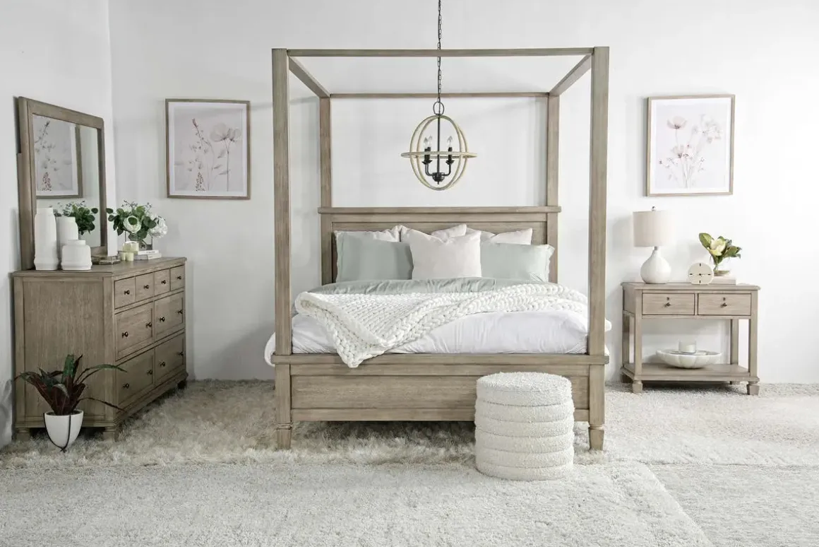 Country Side Canopy Bed, Dresser, Mirror & 2 Drawer Nightstand In Brown, Queen