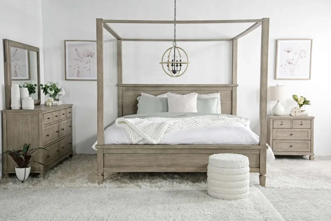 Country Side Canopy Bed, Dresser, Mirror & 2 Drawer Nightstand In Brown, Queen
