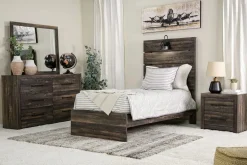 Dallas Panel Bed W/ Lights, Dresser, Mirror & Nightstand In White Wash, Twin