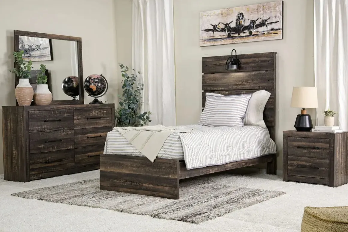 Dallas Panel Bed W/ Lights, Dresser, Mirror & Nightstand In White Wash, Twin