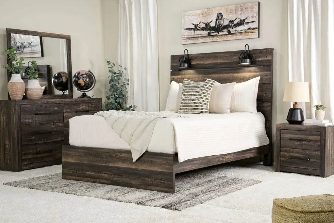 Dallas Panel Bed W/ Lights, Dresser, Mirror & Nightstand In White Wash, Twin