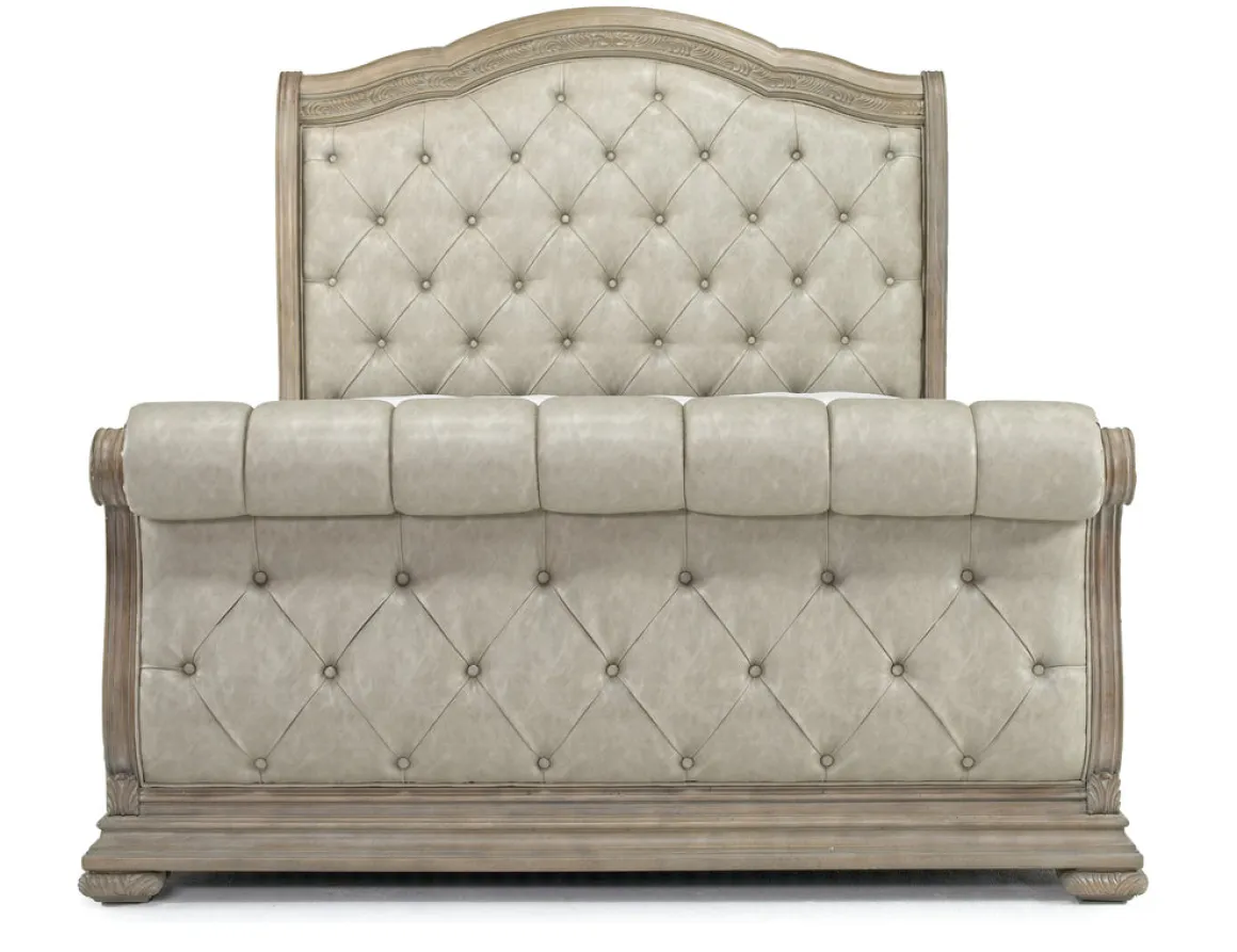 Durango Sleigh Bed, Dresser, Mirror & 3 Drawer Nightstand In Fawn, Queen
