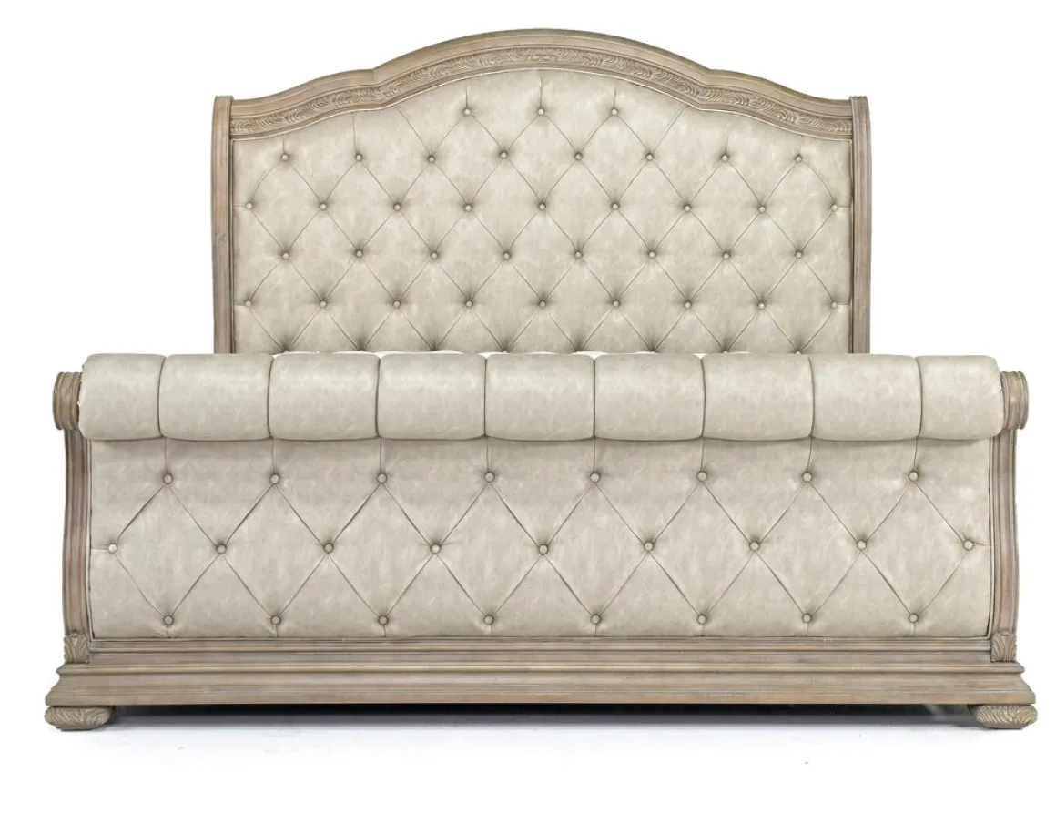 Durango Sleigh Bed, Dresser, Mirror & 3 Drawer Nightstand In Fawn, Queen