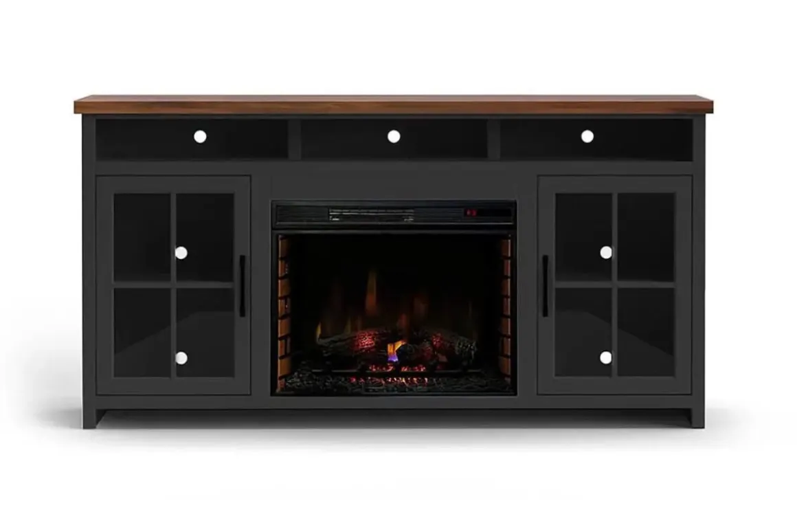 Eloise Fireplace Console In Black & Whiskey, 96 Inch
