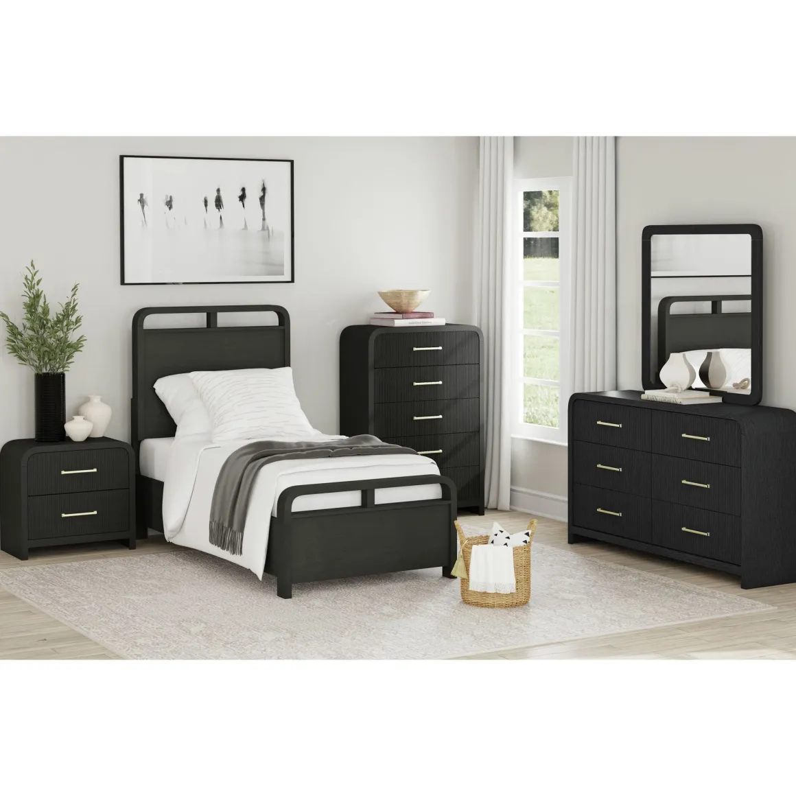 Emberly Panel Bed, Dresser, Mirror & Nightstand In Black, Twin