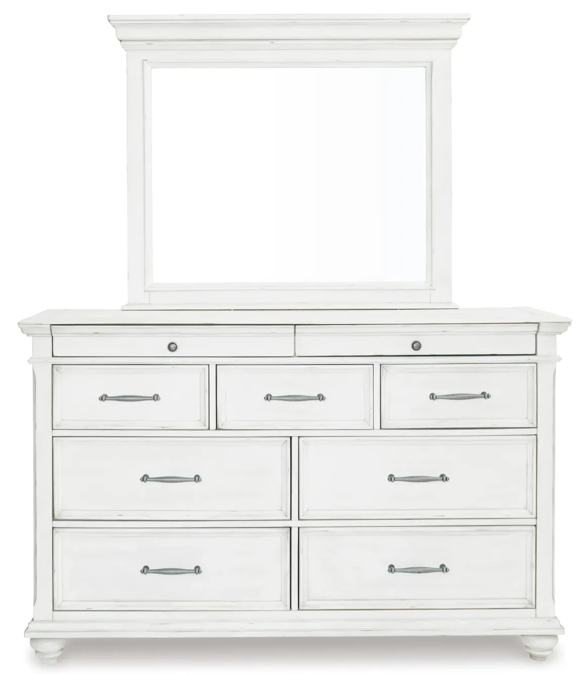 Kanwyn Panel Bed, Dresser, Mirror & Nightstand In White Wash, Queen