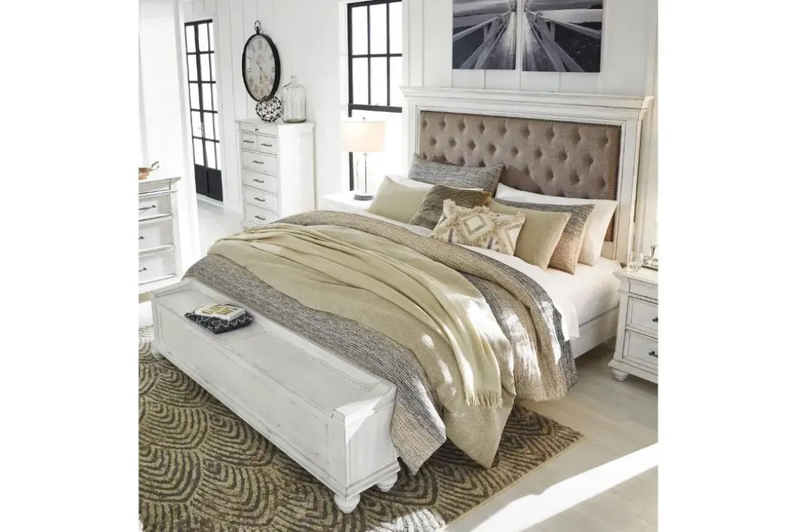 Kanwyn Upholstered Panel Bed W/ Storage In White Wash, Queen