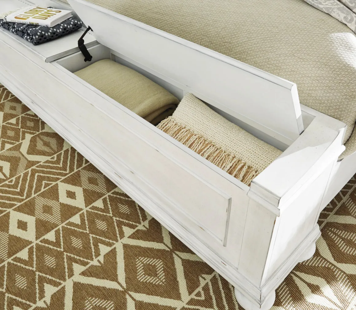 Kanwyn Upholstered Panel Bed W/ Storage In White Wash, Queen