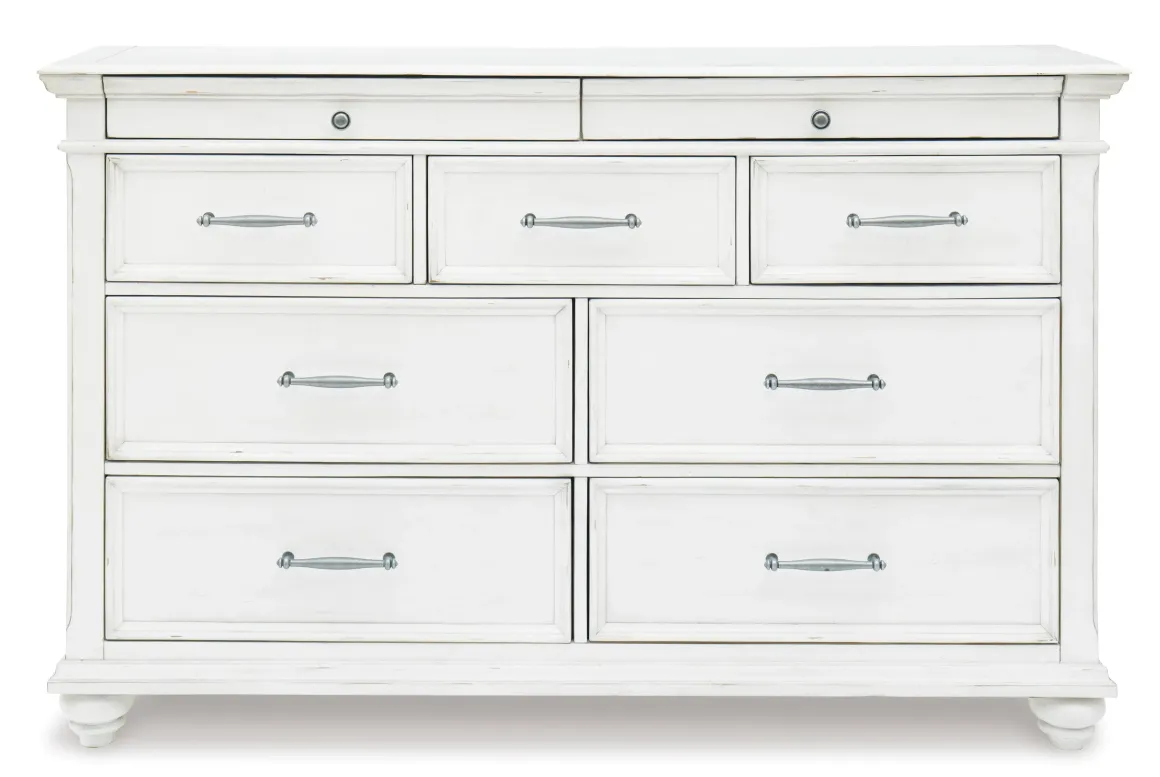 Kanwyn Upholstered Panel Bed W/ Storage, Dresser, Mirror & Nightstand In White Wash, Queen