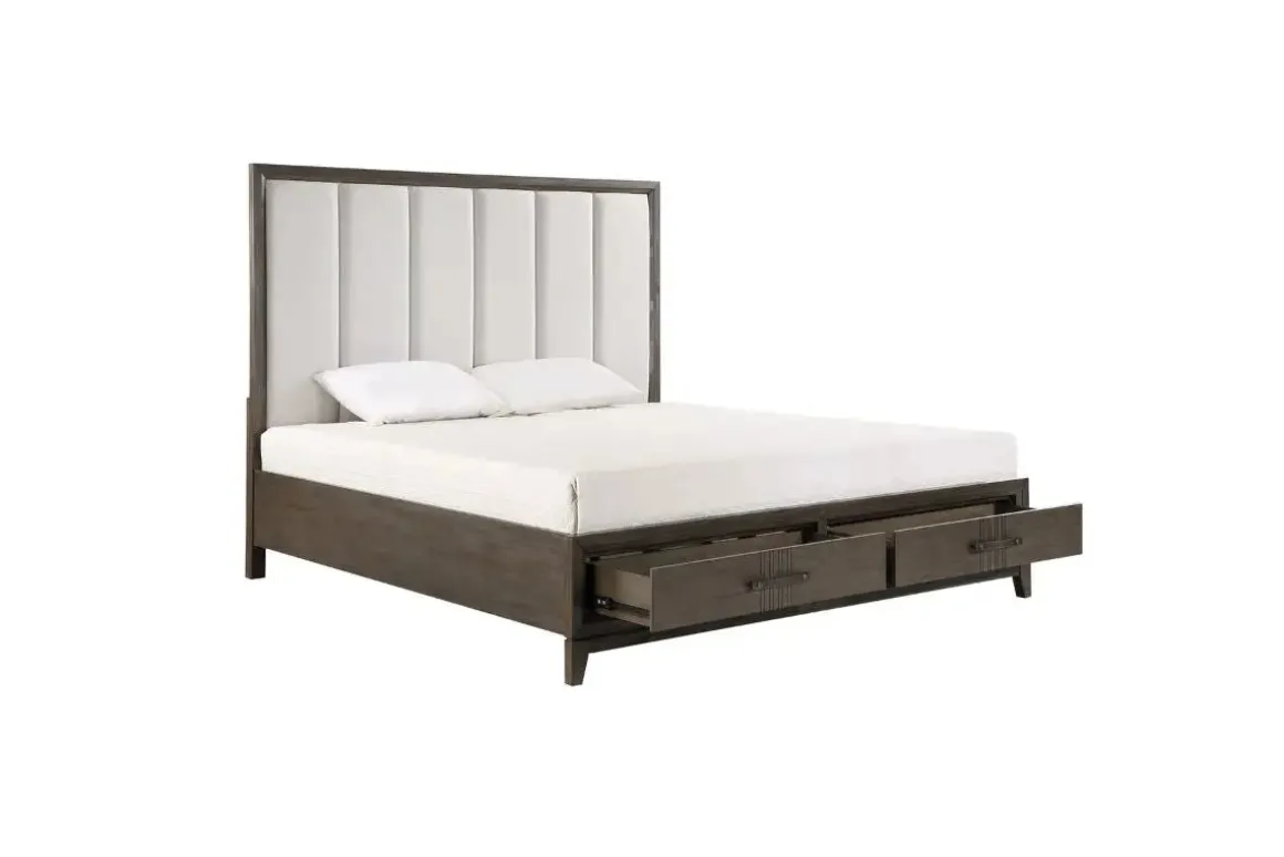 Landon Upholstered Panel Bed W/ Storage, Dresser, Mirror & Nightstand In Walnut, Queen