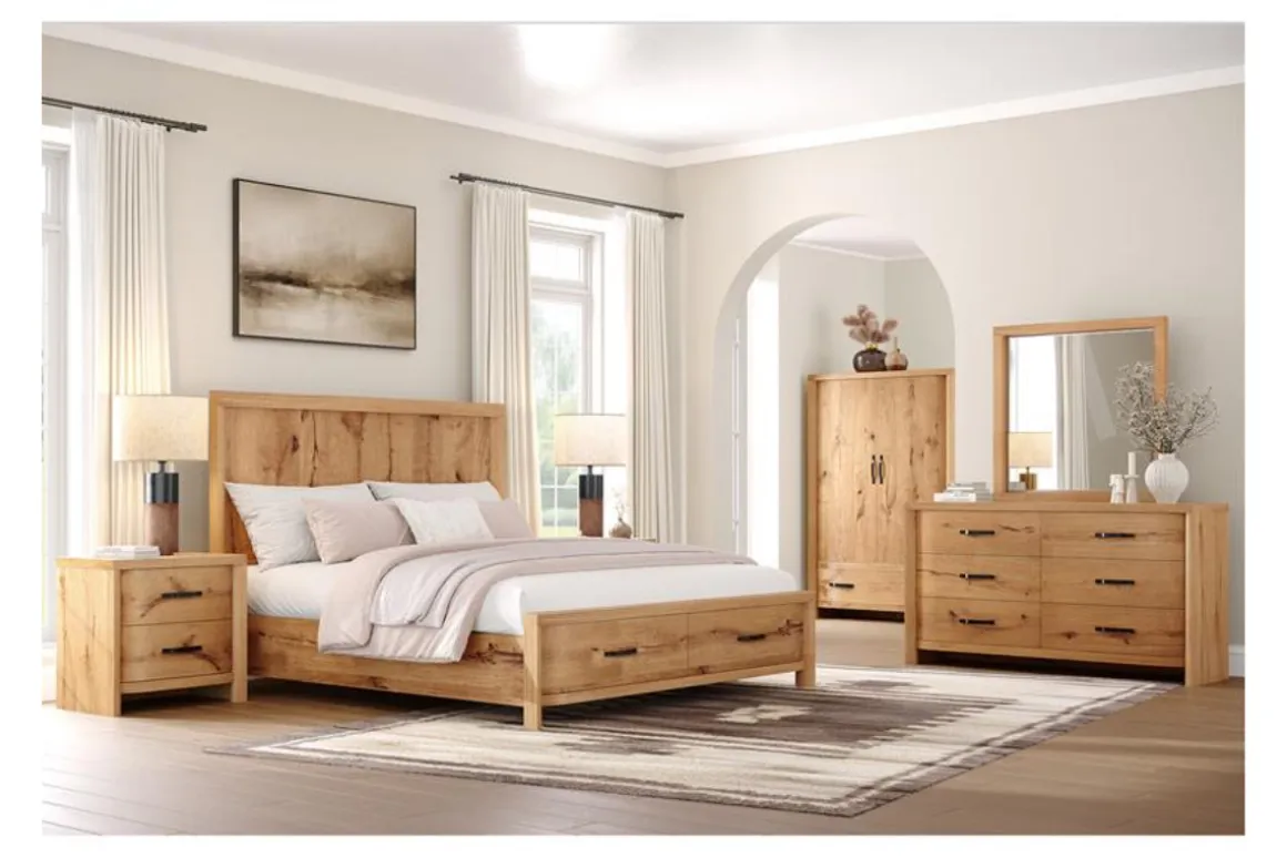 Laramie Panel Bed W/ Storage In Honey Wheat, Queen