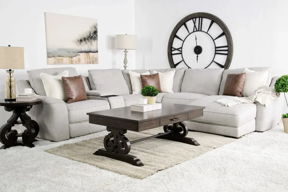 Mayflower 6 Piece 2 Power Chaise Sectional W/ Audio Console In Ashland Sand, Left Facing