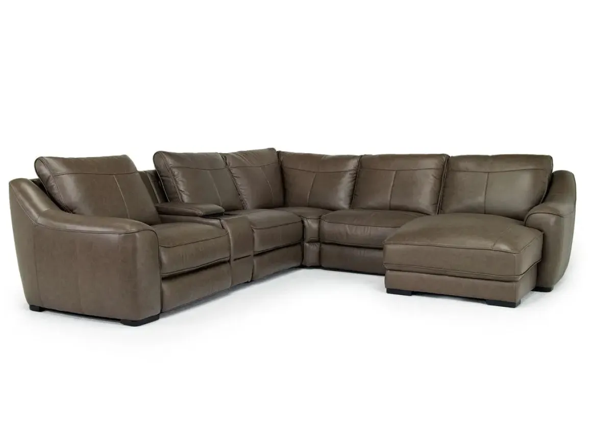 Mayflower 6 Piece 2 Power Chaise Sectional W/ 2 Power Armless Recliner & Audio Console In Seville Umber Leather, Left Facing