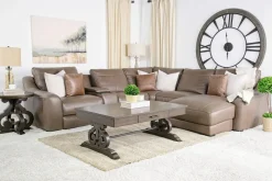 Mayflower 6 Piece 2 Power Chaise Sectional W/ Audio Console In Seville Umber Leather, Left Facing