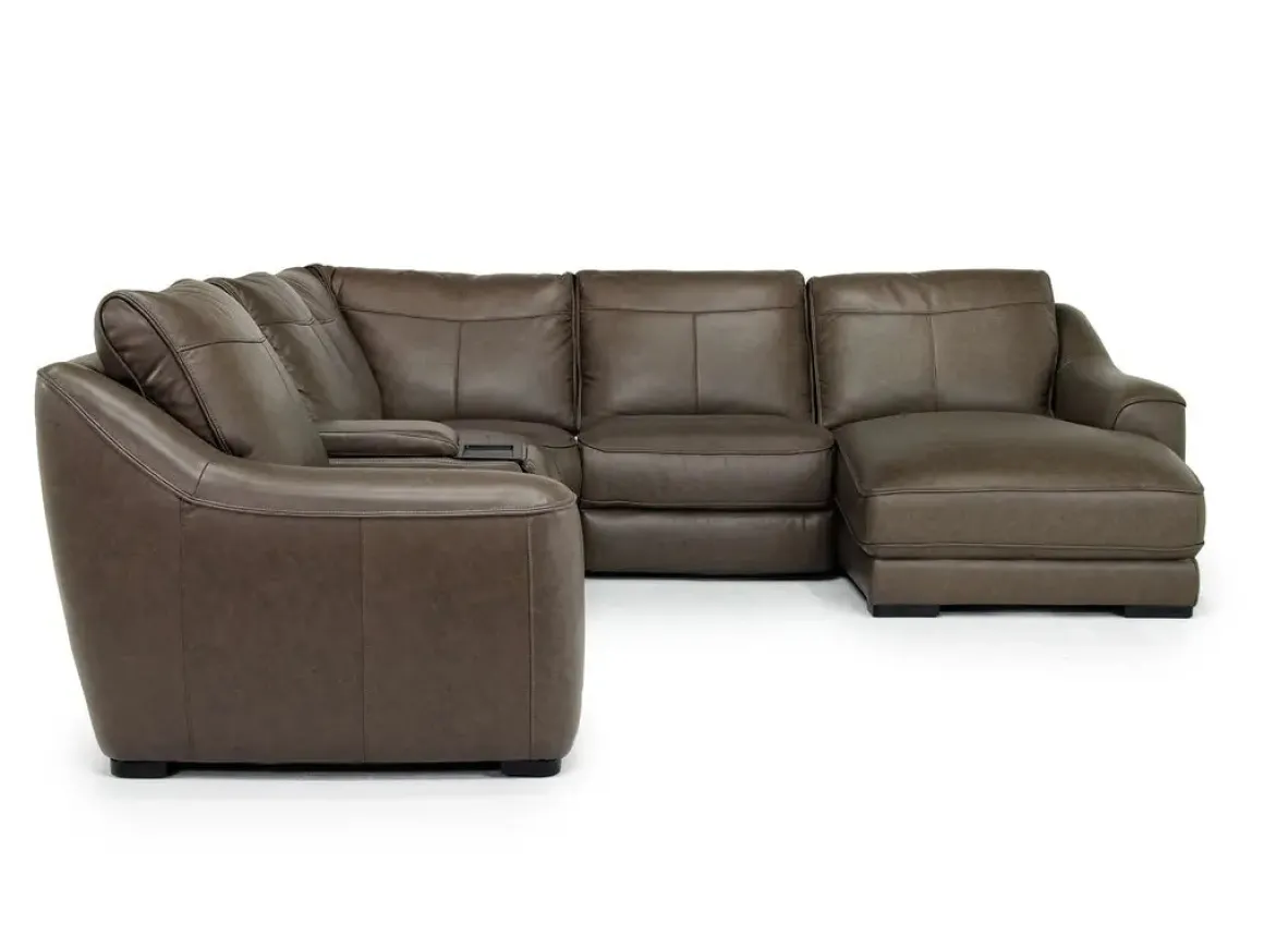 Mayflower 6 Piece 2 Power Chaise Sectional W/ Audio Console In Seville Umber Leather, Left Facing