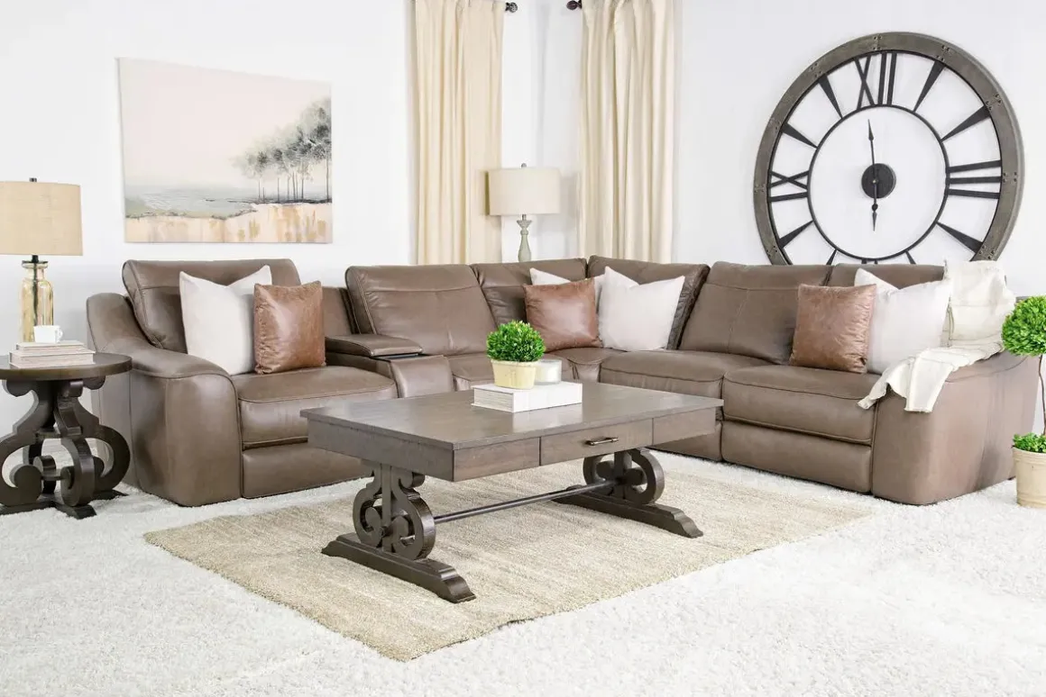 Mayflower 6 Piece 2 Power Sectional W/ Audio Console In Seville Umber Leather