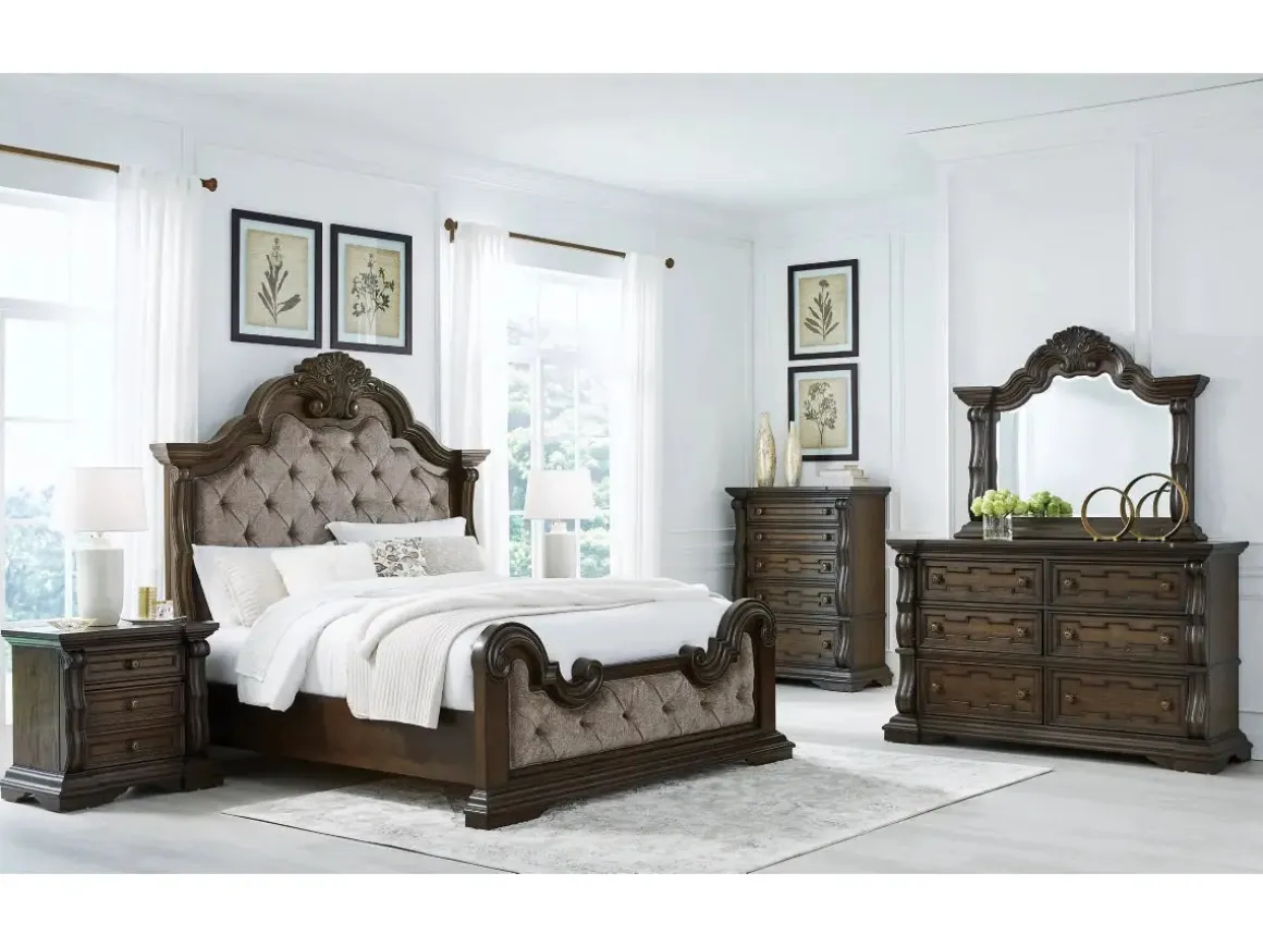 Maylee Upholstered Panel Bed, Dresser, Mirror & Nightstand In Dark Brown, Queen