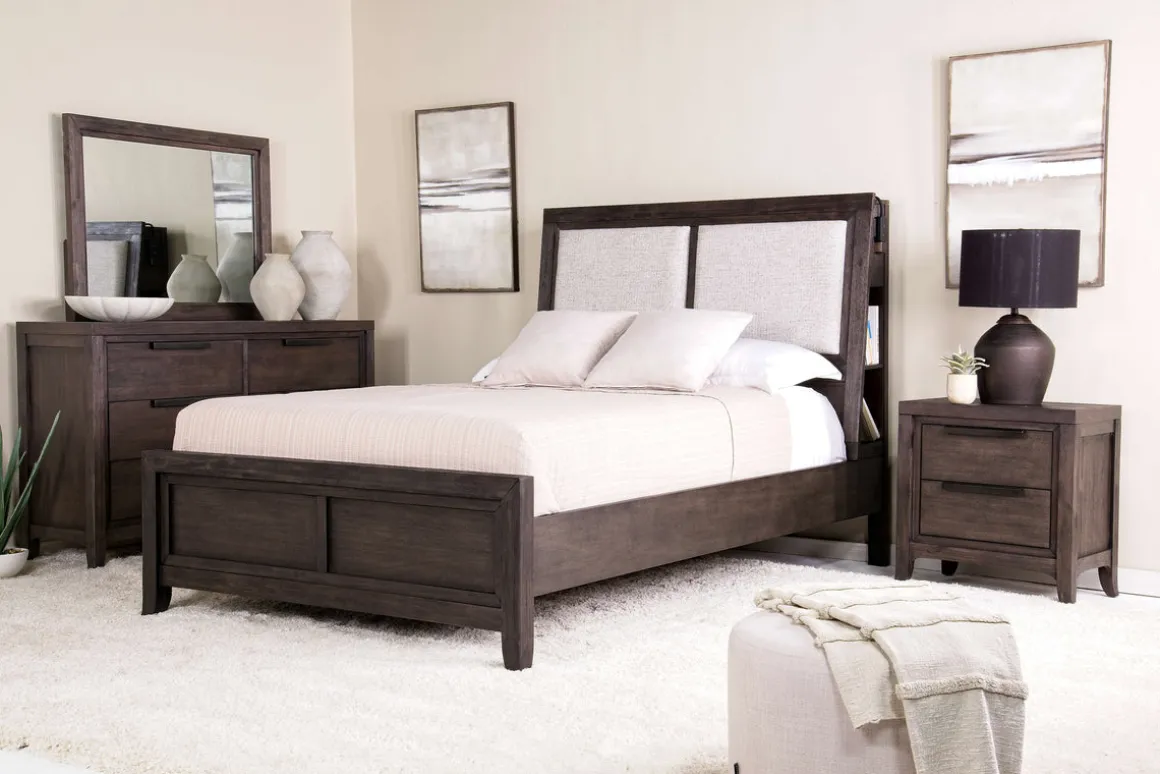 Riley Bookcase Bed, Dresser, Mirror & Nightstand In Carbonite, Ca King