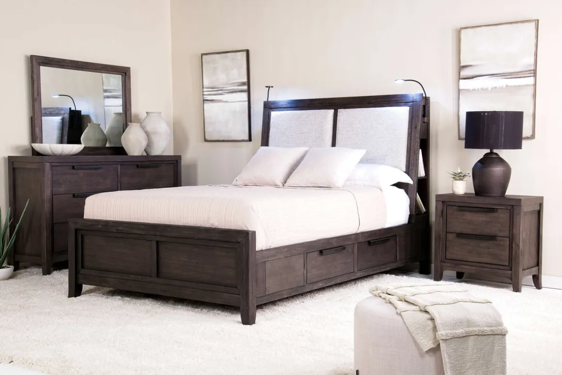 Riley Bookcase Bed, Dresser, Mirror & Nightstand In Carbonite, Ca King