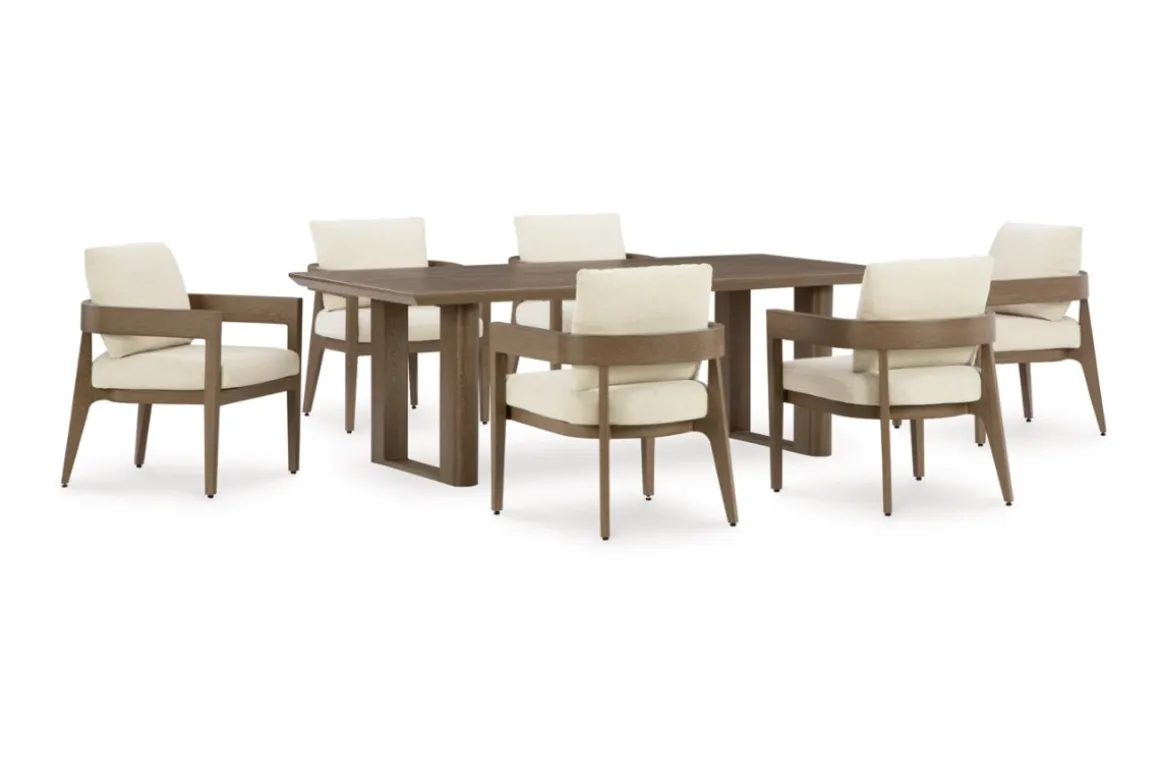 Serene Bay Outdoor Dining Table & 6 Arm Chairs In Dark Brown