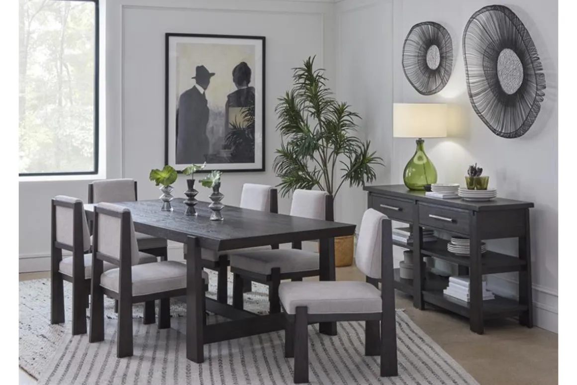 Shelby Trestle Dining Table & 6 Wood Back Chairs In Coffee Bean
