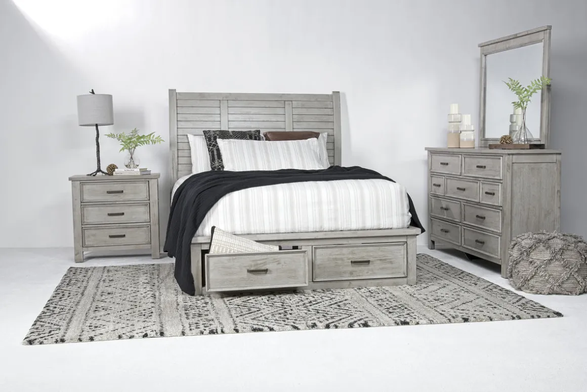 Sullivan Panel Bed W/ Storage, Dresser, Mirror & Nightstand In Drift Gray, Queen
