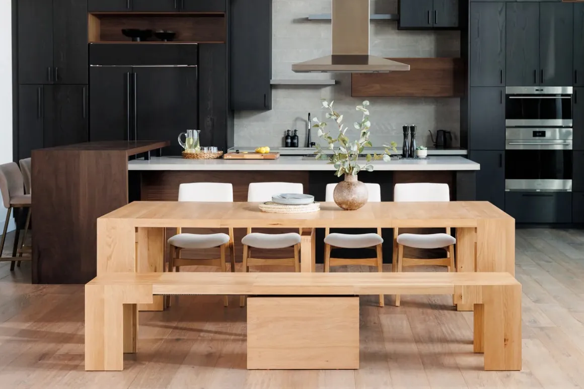 Transformer Extendable Dining Table, 4 Chairs & Bench In Scandinavian Oak
