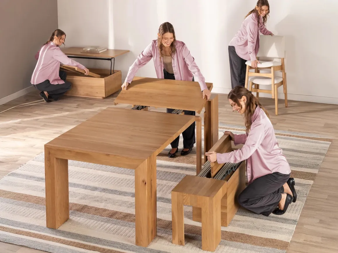Transformer Extendable Dining Table, 4 Chairs & Bench In Scandinavian Oak
