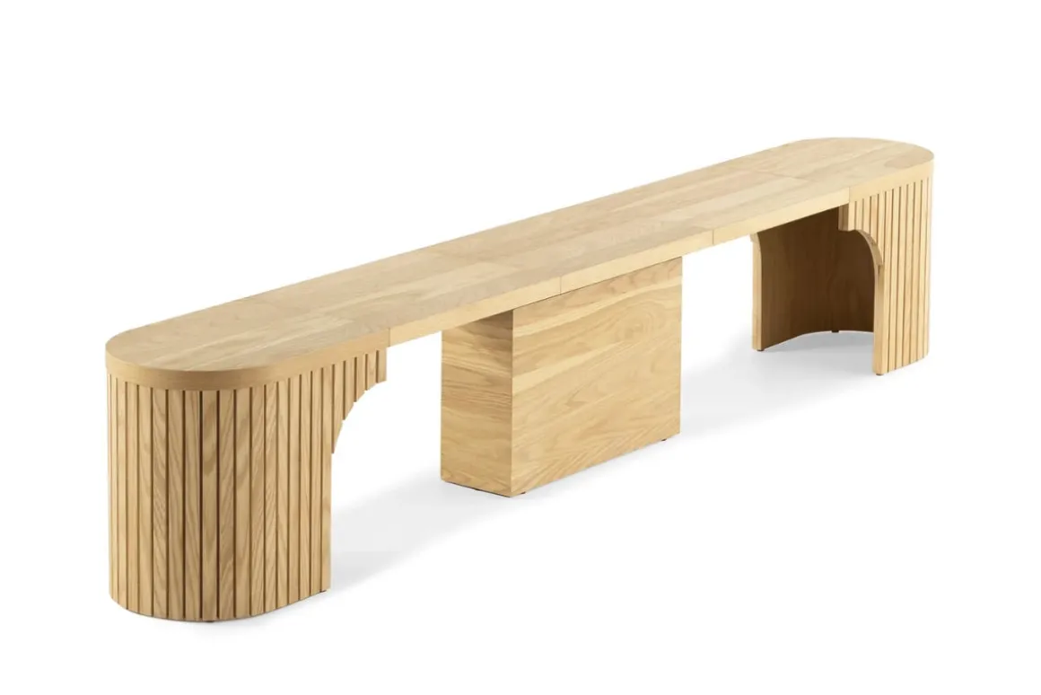 Transformer Round Extendable Dining Table, 4 Chairs & Bench In Scandinavian Oak