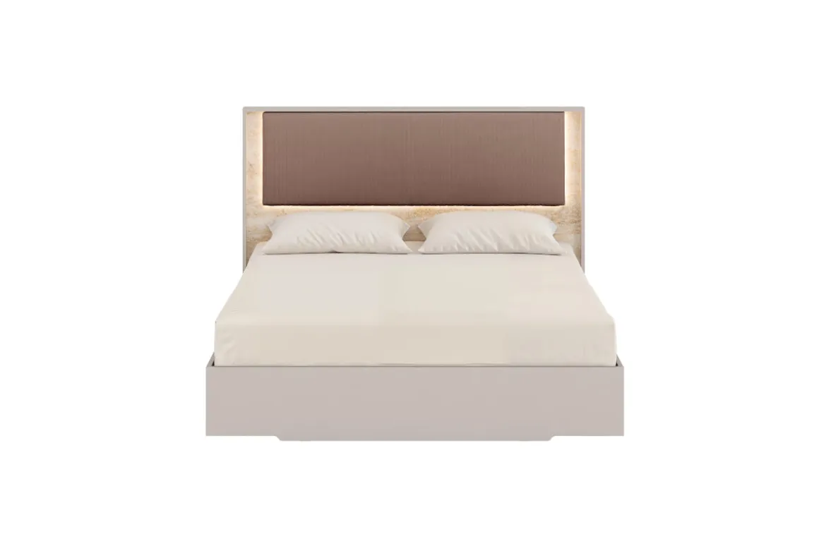 Tullia Upholstered Panel Bed, Dresser, Mirror & Nightstand In Pearl Line/Eco Stone, Queen