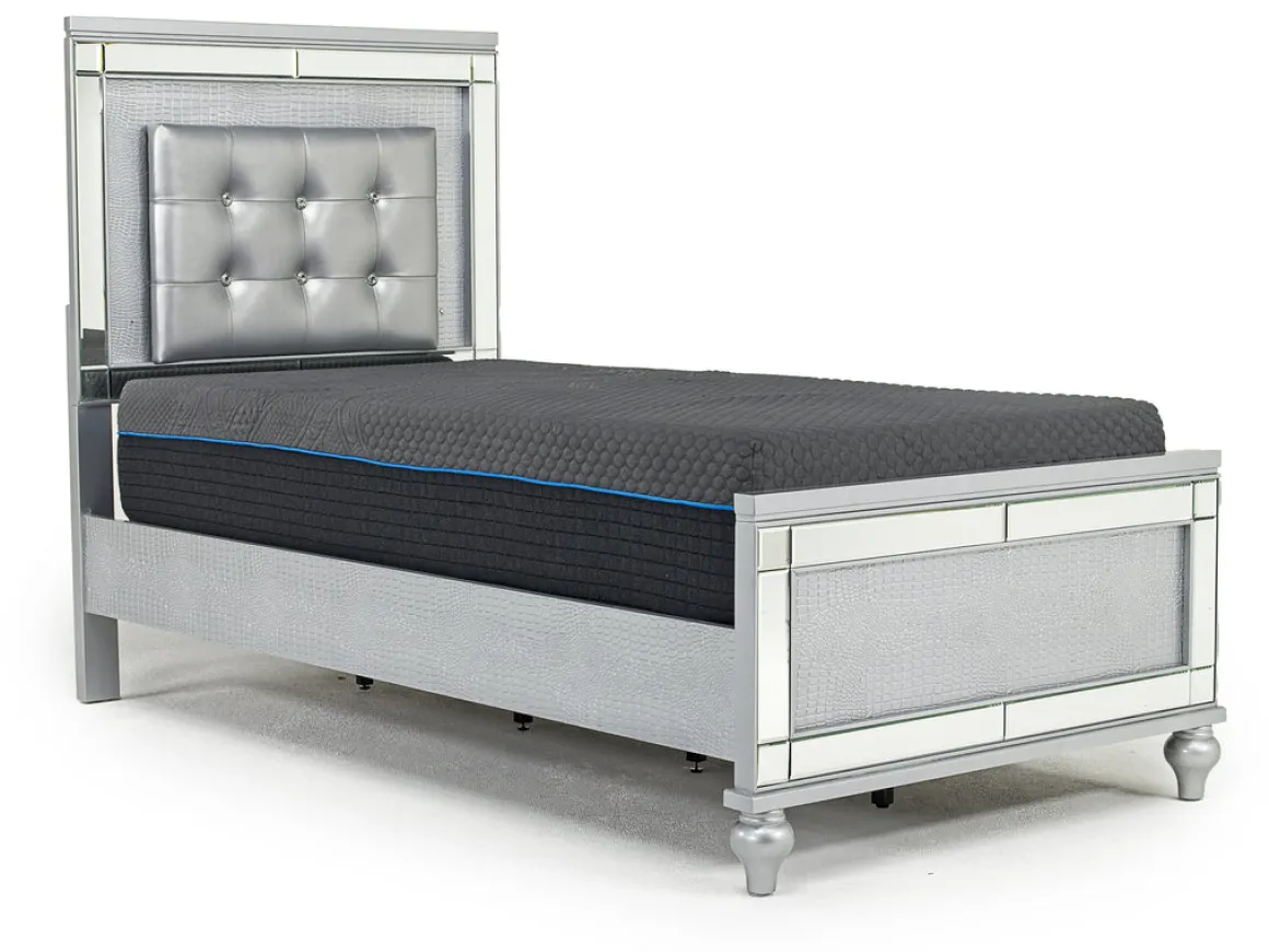 Valentino Panel Bed, Dresser, Mirror & Nightstand In Silver, Twin