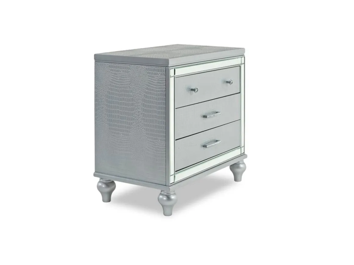 Valentino Panel Bed, Dresser, Mirror & Nightstand In Silver, Twin