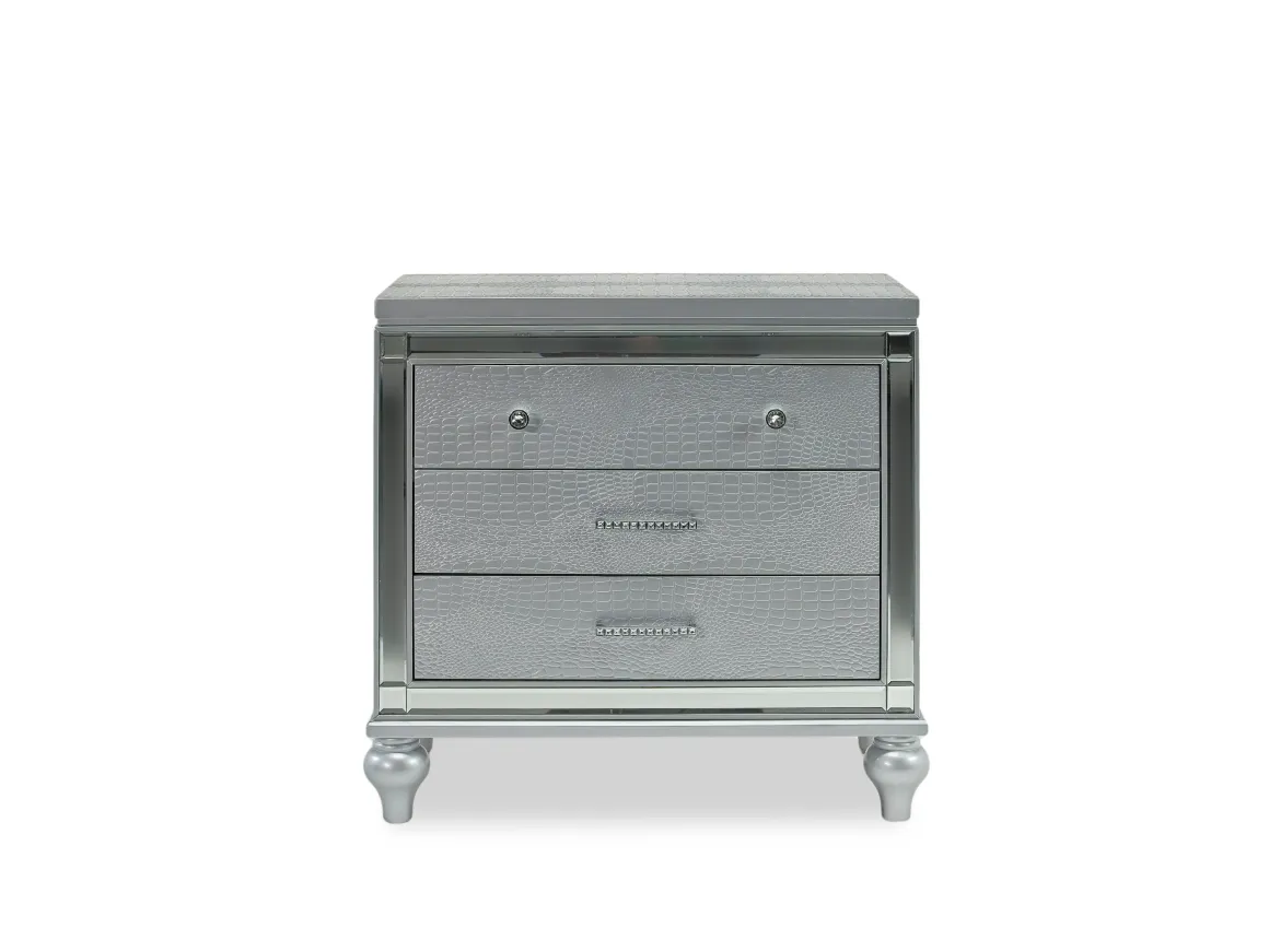 Valentino Panel Bed, Dresser, Mirror & Nightstand In Silver, Twin