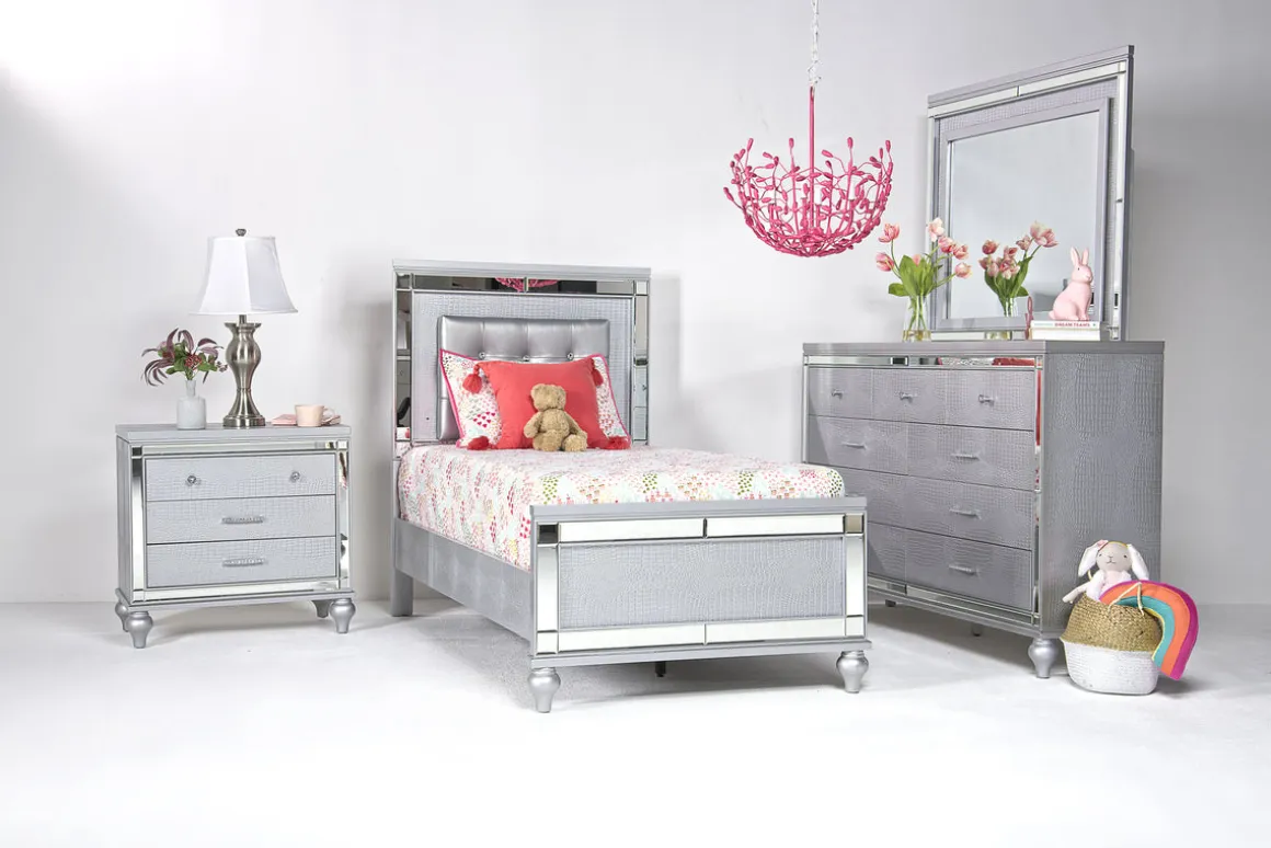 Valentino Panel Bed, Dresser, Mirror & Nightstand In Silver, Twin