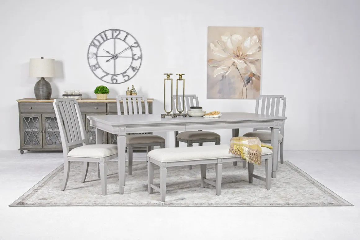 Willowbrook Dining Table, 4 Chairs & Bench In Pebble, Slat