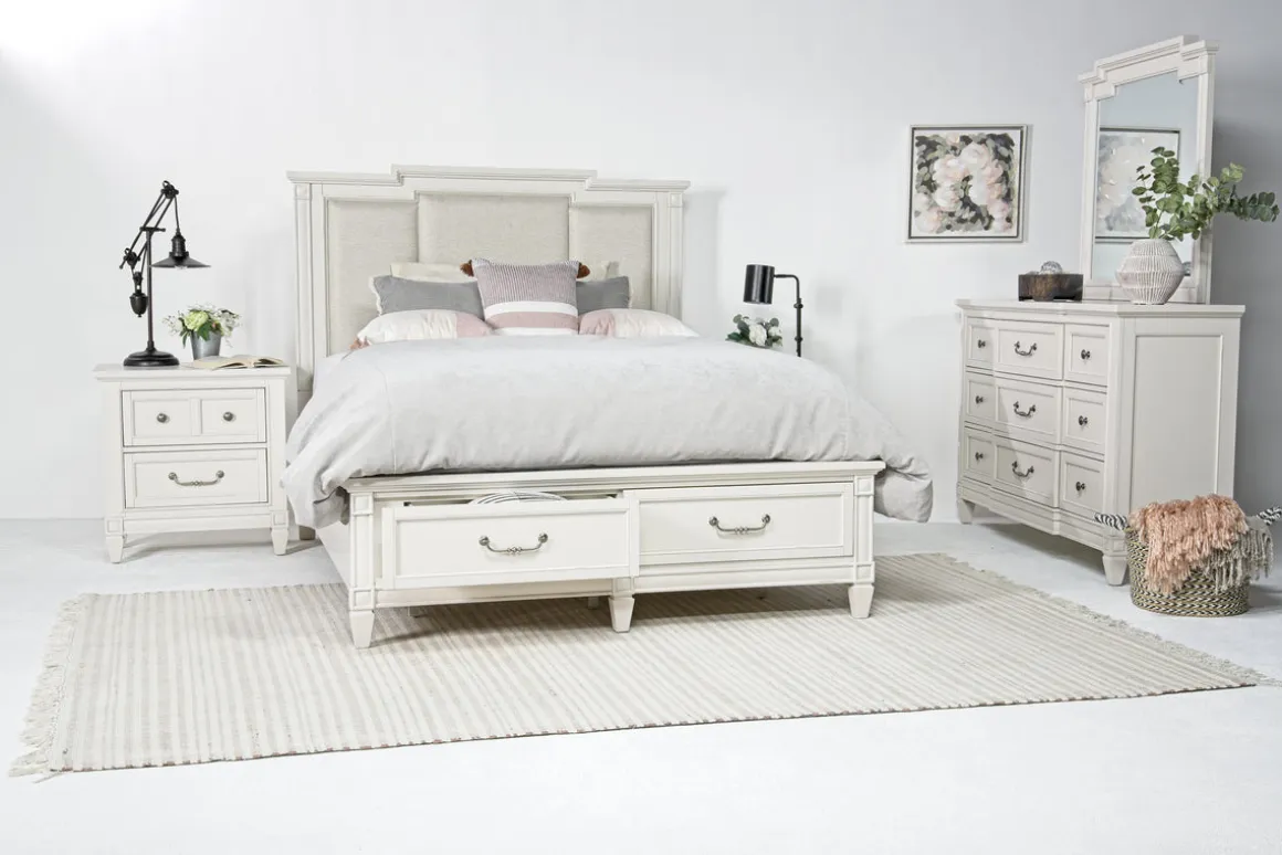 Willowbrook Upholstered Panel Bed, Dresser, Mirror & Nightstand In Pebble, Queen